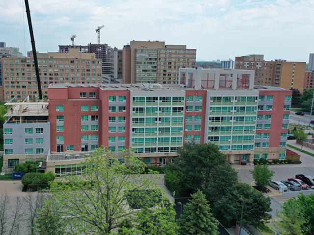 Aerial view of Pathway Arbour Mill within its existing community in Mississauga