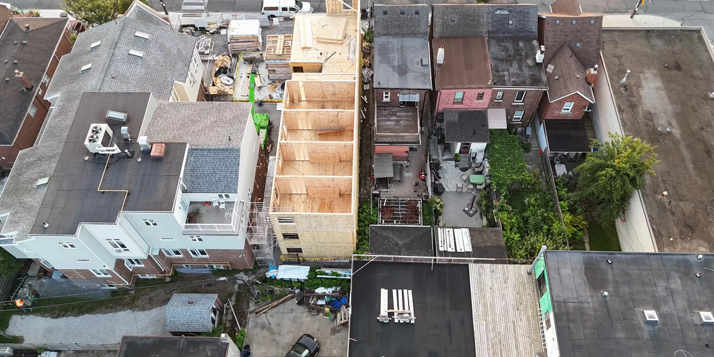 Aerial view of exposed timber walls during construction
