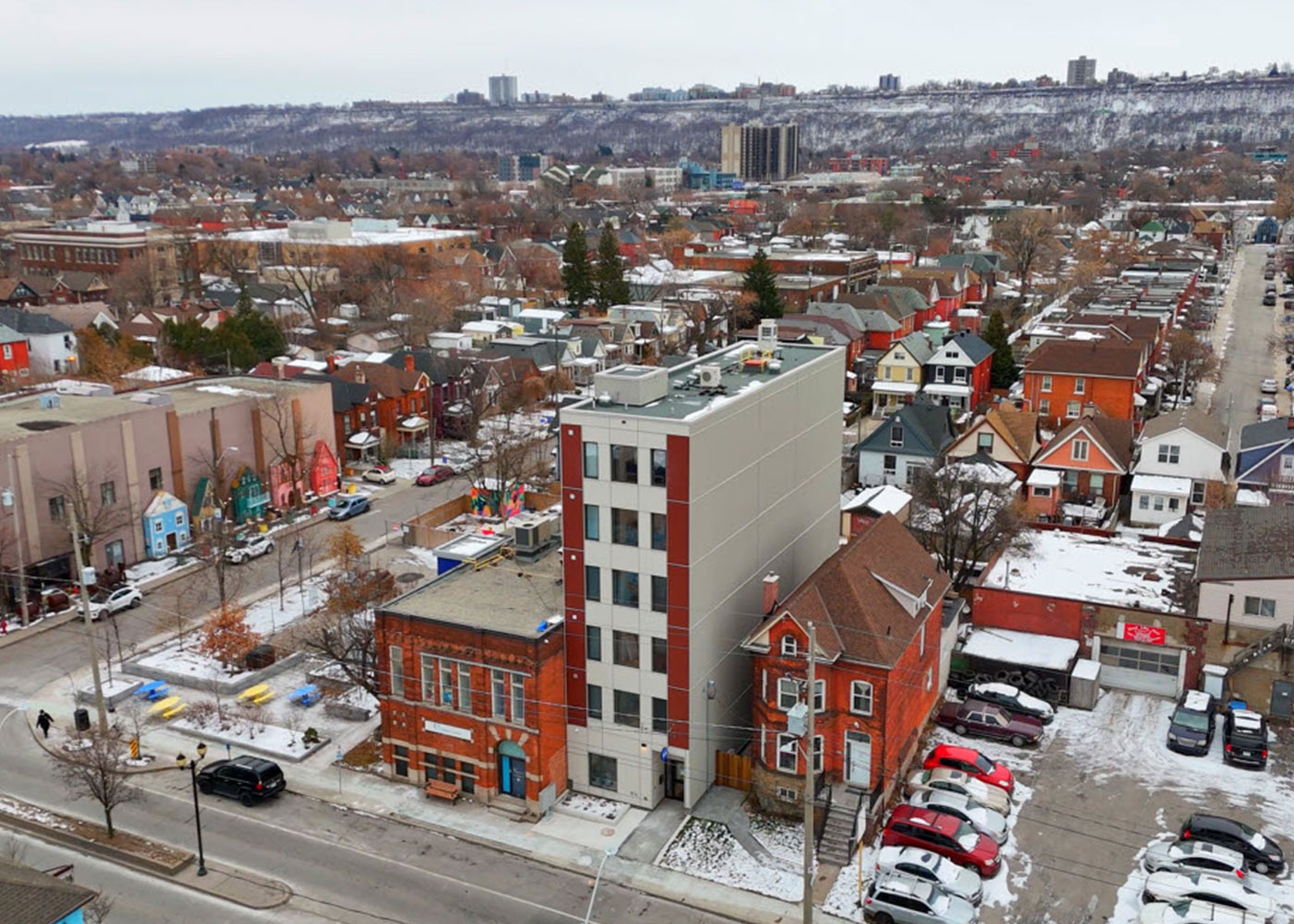 Winter aerial view of 412 Barton within its Hamilton neighbourhood