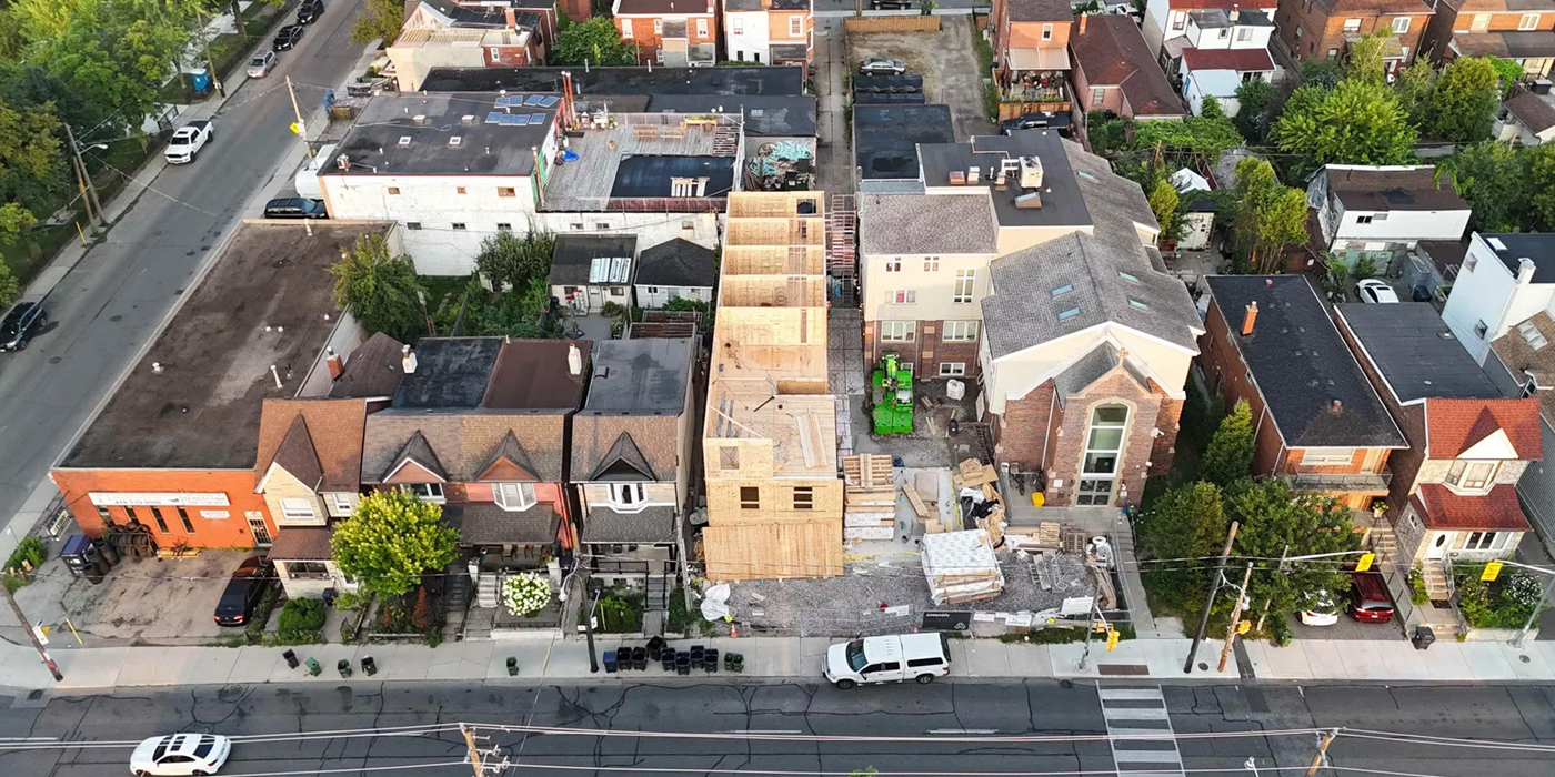 Aerial view of timber construction on the narrow urban site
