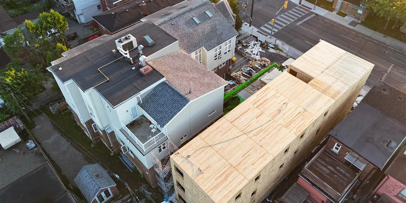 Aerial view of the timber structure with roof panels installed